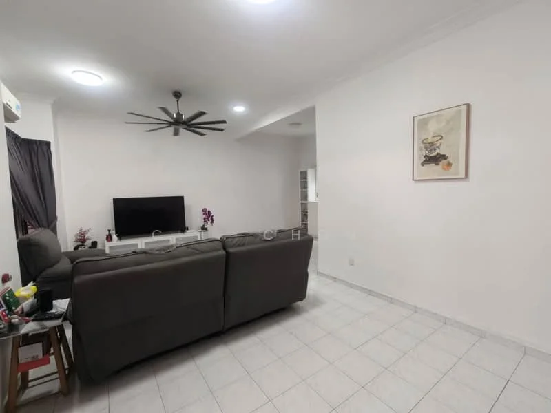 Living features: 3-seater fabric sofa in grey, wall-mounted TV, coffee table, ceiling fan, recessed downlights, white painted walls, tile flooring, decorative artwork on wall, curtains, open layout to kitchen, air conditioning unit; style: modern.