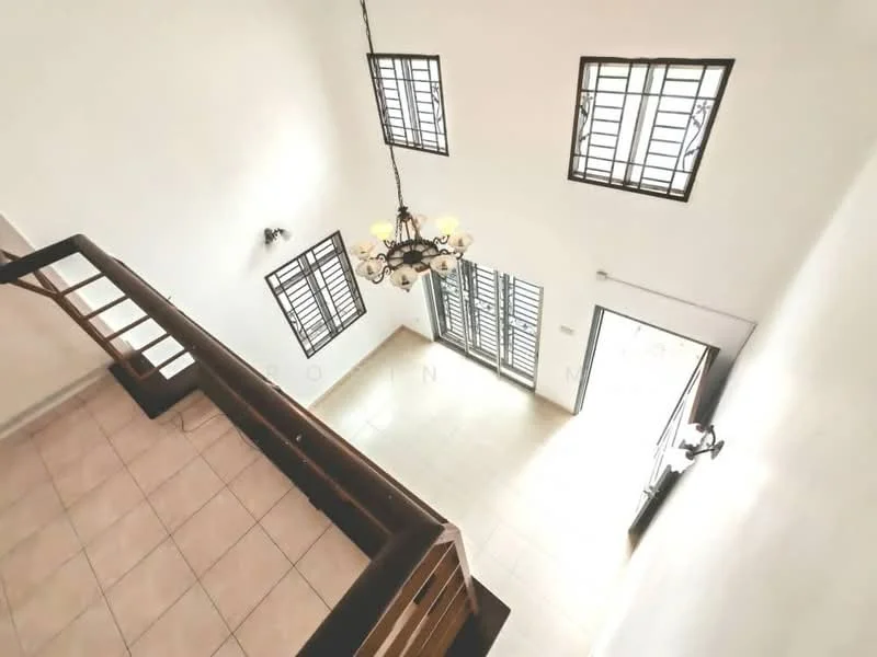 Room features: high ceiling, white painted walls, tile flooring, chandelier, black metal window grilles, multiple windows, double door entrance, staircase with wooden railing; style: modern; view: outdoor.