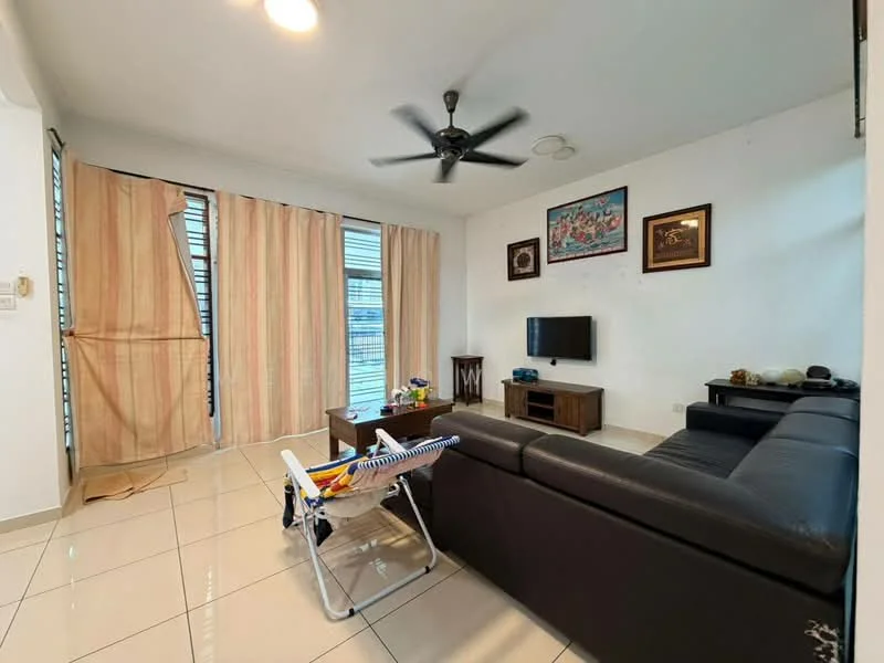 Living features: black leather sectional sofa, coffee table, wall-mounted TV, floor-to-ceiling windows, sheer curtains, 5-blade ceiling fan, cream painted walls, glossy tile flooring, decorative wall art, wooden side table; style: modern.