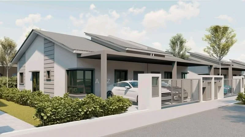 Exterior type: linked terrace house; features: white painted facade, grey accent wall, pitched tile roof, single-storey, manicured lawn, mature trees, driveway with interlocking pavers, car porch with awning, surrounded by greenery; style: modern.