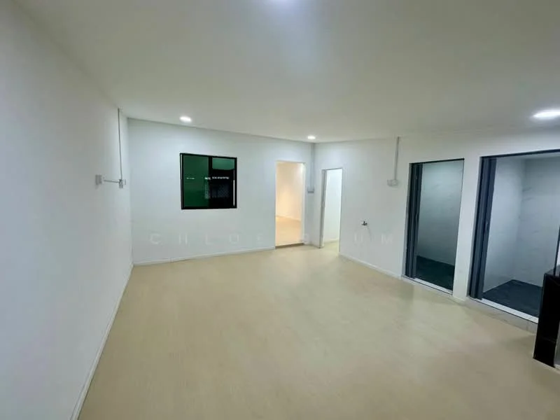 Room features: white painted walls, light-colored vinyl flooring, recessed downlights, floor-to-ceiling windows, sliding glass door, single window, neutral color scheme, open layout; style: modern.