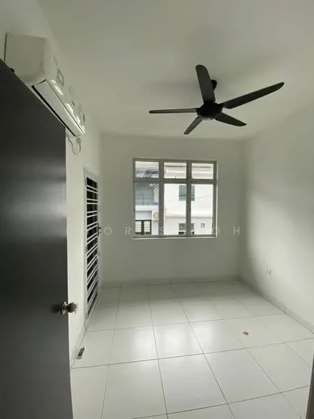 Room features: white painted walls, tile flooring, 5-blade ceiling fan, 1 wall-mounted split AC, sliding window, black door, natural light from window; style: modern.