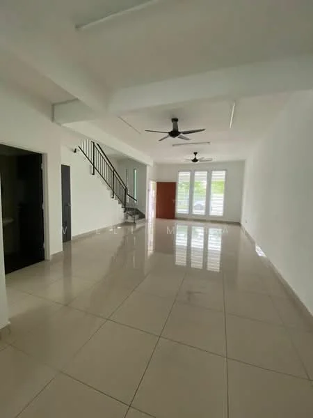 Living features: white painted walls, glossy ceramic tile flooring, 5-blade ceiling fan, large windows with horizontal slats, open layout, staircase with black railing, natural light from windows, neutral color scheme; style: modern.
