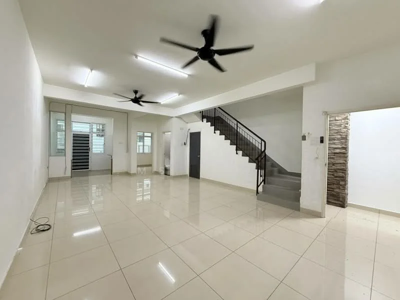 Living features: white painted walls, polished ceramic tile flooring, 5-blade ceiling fan, 2 ceiling fans, staircase with metal railing, large windows for natural light, recessed lighting, open layout; style: modern.