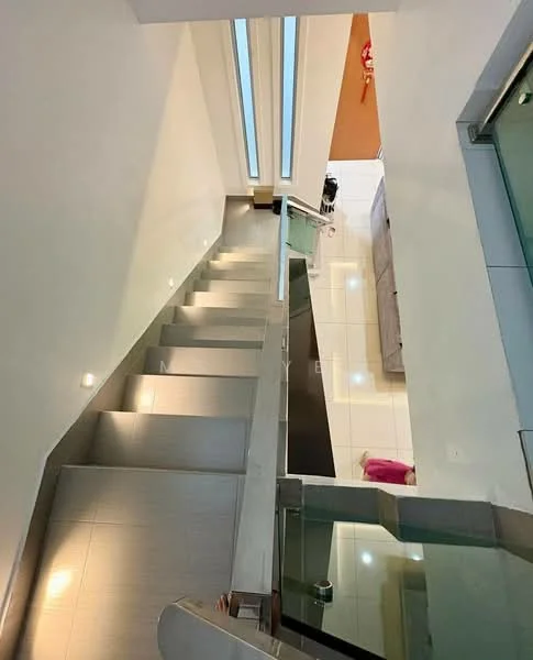 Room features: staircase with open risers, glass railing, white walls, recessed lighting, large windows, polished tile flooring, neutral color palette, modern design; style: modern.