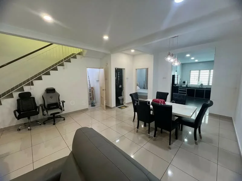Living features: grey leather sofa, black dining table with 6 chairs, tile flooring, white painted walls, recessed downlights, staircase with metal railing, large window with blinds, mirror on wall, open layout, decorative pendant lights; style: modern. Room features: white painted walls, tile flooring, doorway leading to bathroom, doorway leading to kitchen.