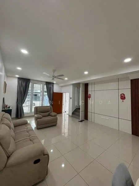 Living features: light grey leather reclining sofa, 2-seater sofa, 3-seater sofa, white tiled flooring, white painted walls, ceiling fan with light, recessed LED downlights, large windows with sheer curtains, decorative wall paneling, wall-mounted TV, coffee table, area rug; style: modern; view: city.