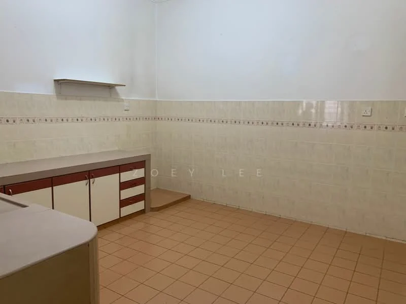 Kitchen features: laminate countertop, brown and white cabinetry, built-in shelves, tile backsplash, cream tiled walls, brown tiled flooring, single-bowl stainless-steel sink, stove space, step up to a raised area.