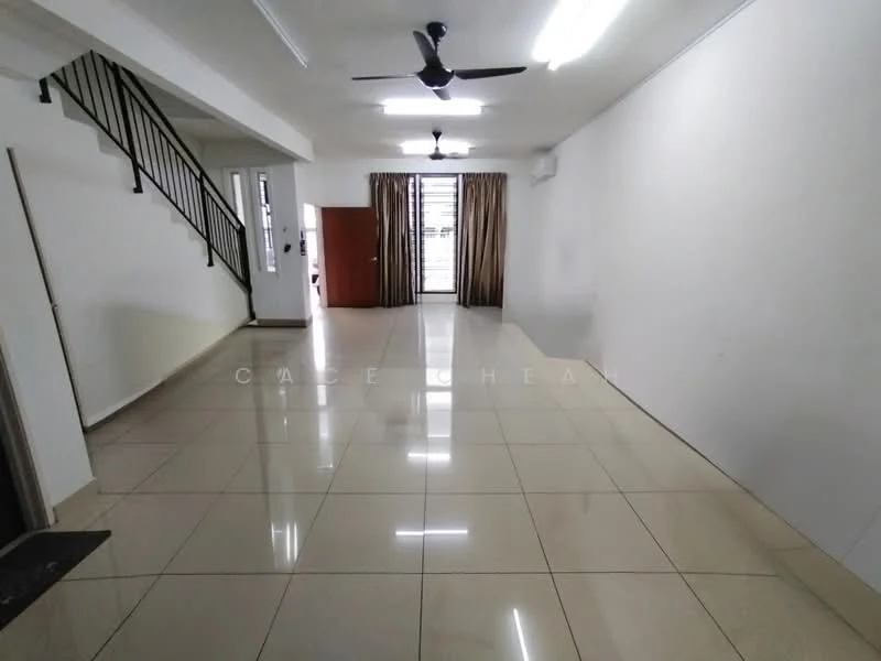 Living features: glossy tile flooring, white painted walls, ceiling fan, large windows with sheer curtains, air conditioning unit, open layout, staircase leading to upper floor, door leading to outside, natural light from windows; style: modern.