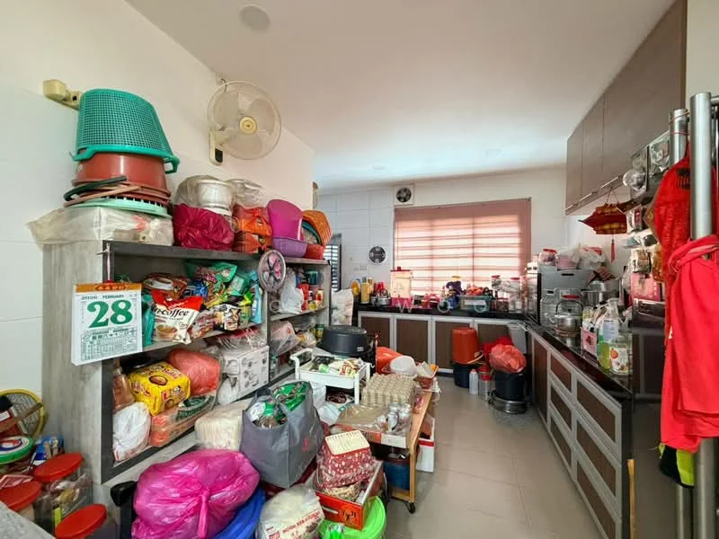 Kitchen features: wood cabinetry, grey countertop, stainless-steel fridge, built-in oven, microwave, sink, wall-mounted fan, tile backsplash, ceramic tile flooring, multiple storage shelves, various kitchen appliances, cluttered countertop with utensils and food items.