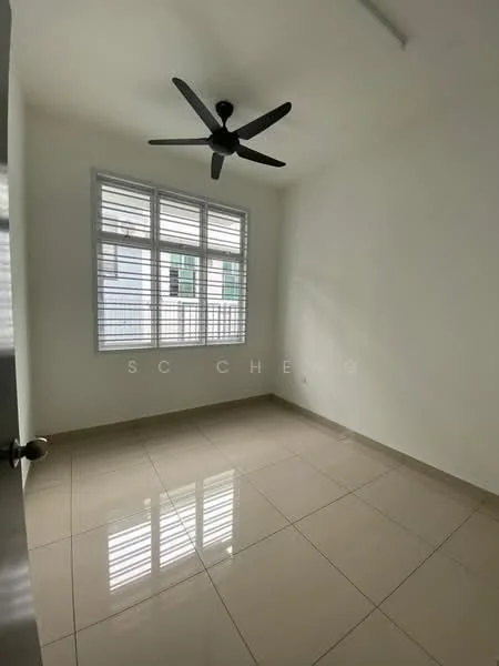 Room features: white painted walls, glossy ceramic tile flooring, 5-blade ceiling fan, sliding windows with metal grilles, natural light from windows; style: modern.