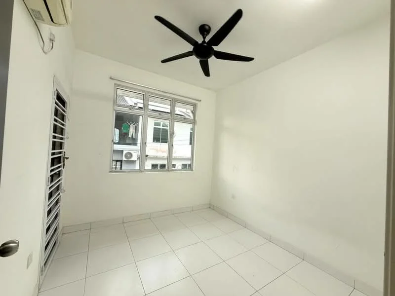 Room features: white painted walls, white tiled flooring, 5-blade ceiling fan, floor-to-ceiling windows, window treatments not visible, no visible furniture or decor; style: minimalist; view: city.