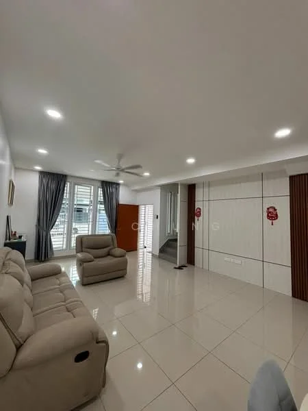 Living features: 3-seater fabric sofa in beige, 2-seater fabric sofa in beige, white painted walls, glossy white tile flooring, recessed LED downlights, 5-blade ceiling fan with light, floor-to-ceiling windows, grey curtains, built-in cabinetry with wood accents, decorative wall paneling; style: modern; view: city.