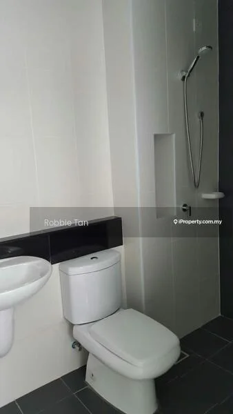 Bathroom features: white ceramic toilet, single-sink vanity with wall-mounted faucet, chrome basin mixer, shower with handheld shower head, tile cladding on walls, dark grey floor tiles, built-in shower niche, mirror above sink; style: modern.