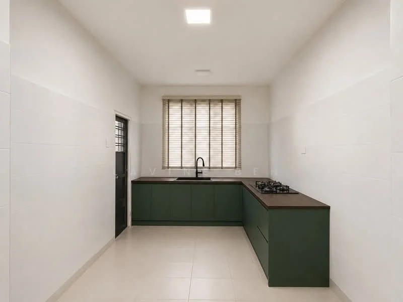 Kitchen features: green cabinetry, dark countertop, single-bowl stainless-steel sink, chrome pull-down faucet, 4-burner gas hob, tile flooring, white painted walls, window with blinds, recessed ceiling lights; style: modern.