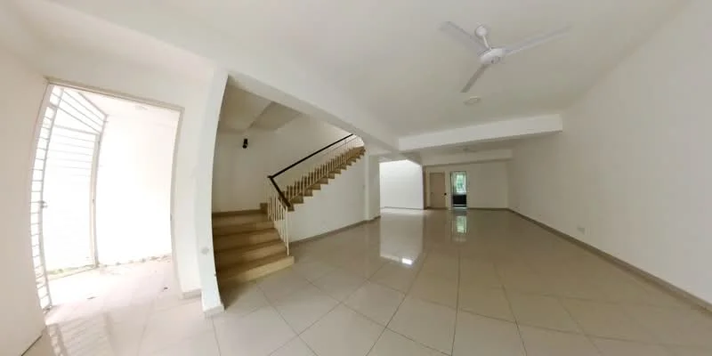 Room features: white painted walls, glossy ceramic tile flooring, 5-blade ceiling fan, staircase with wooden railing, large windows for natural light, open layout, neutral color scheme, no visible furniture; style: modern.