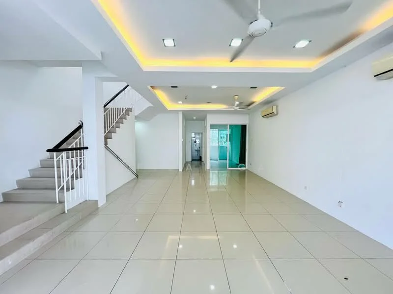 Living features: white painted walls, glossy ceramic tile flooring, tray ceiling with recessed lighting, 5-blade ceiling fan, 2 wall-mounted split AC units, large windows for natural light, open layout, staircase leading to upper floor; style: modern. Room features: white painted walls, glossy ceramic tile flooring, recessed lighting, open layout.