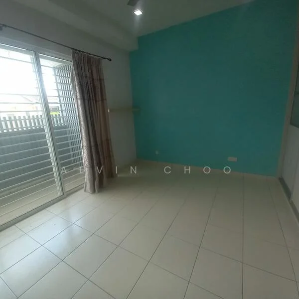 Room features: light blue accent wall, white painted walls, large sliding glass door, floor-to-ceiling windows, curtains, tile flooring, shelf mounted on wall, natural light; style: modern.