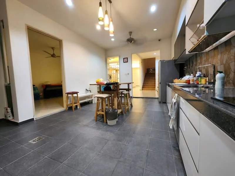 Kitchen features: grey ceramic tile flooring, white cabinetry, black granite countertop, stainless-steel sink, chrome pull-down faucet, kitchen island with stools, recessed LED downlights, 5-blade ceiling fan, wall-mounted cabinets, tile backsplash with stone pattern, open layout to dining area, visible appliances on countertop; style: modern. Room features: light-colored walls, doorway leading to hallway, staircase visible in background.