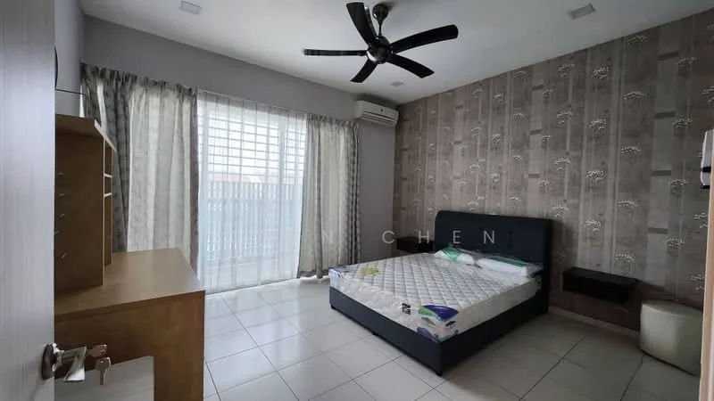 Bedroom features: king-size bed, upholstered headboard, 2 bedside lamps, built-in wardrobe, ceiling fan, floor-to-ceiling windows, sheer curtains, grey accent wall with floral pattern, white painted walls, tile flooring, air conditioning unit; style: modern.
