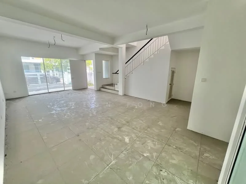 Room features: white painted walls, exposed ceiling beams, large floor-to-ceiling windows, sliding glass door, tile flooring, staircase with metal railing, open layout, natural light from windows; style: modern; view: garden.