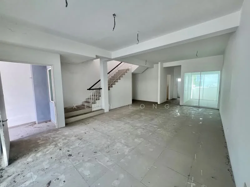 Room features: white painted walls, concrete flooring, staircase with wooden railing, large windows, doorway leading to another room, open layout, unfinished space, ceiling with exposed wiring.