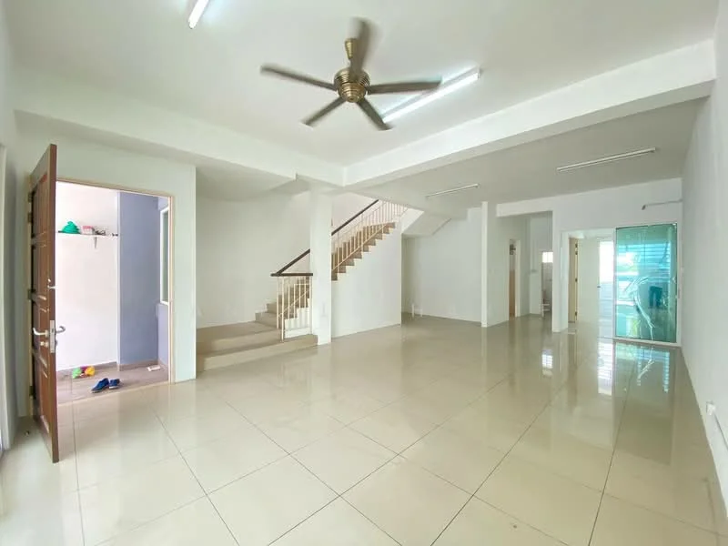 Living features: white painted walls, polished ceramic tile flooring, 5-blade ceiling fan with light, large windows, staircase leading to upper floor, open layout, doorway leading to adjacent room, doorway leading to hallway; style: modern. Room features: white painted walls, polished ceramic tile flooring, doorway leading to living area, storage area visible.
