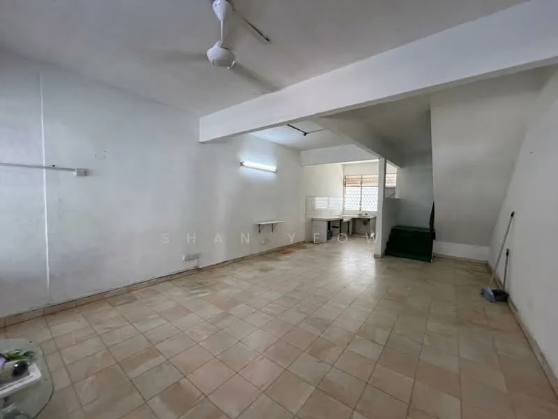 Room features: white painted walls, tile flooring, ceiling fan, fluorescent lighting, large windows, open layout, corner staircase, utility area, no visible furniture; style: minimalist.