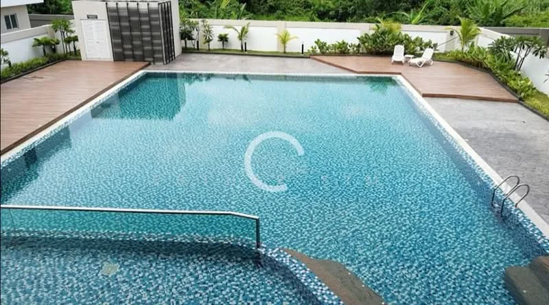 Exterior type: swimming pool deck; features: infinity pool, pool deck with loungers, tiled pool surface with mosaic pattern, surrounded by landscaped greenery, wooden decking, stainless-steel pool ladder, poolside seating area; style: modern.