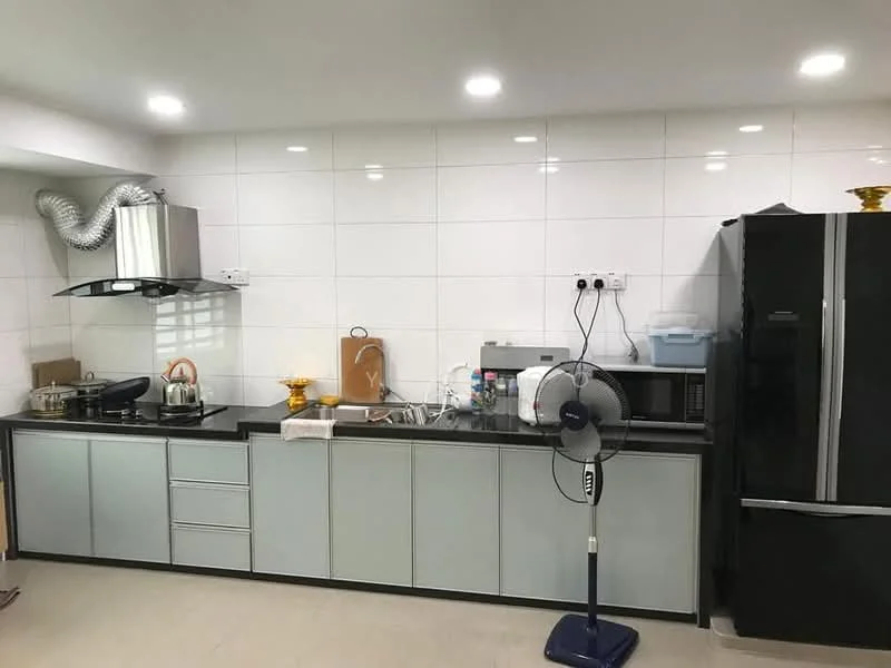 Kitchen features: black granite countertop, grey cabinetry, stainless-steel range hood, 4-burner gas hob, built-in microwave, stainless-steel fridge, kettle, sink, wall-mounted fan, white tiled backsplash, recessed LED downlights; style: modern.