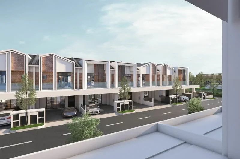 Exterior type: linked terrace house; features: modern facade with a mix of brick and white cladding, flat roof design, double-volume car porches, manicured landscaping with small trees, paved driveway, multiple parking spaces visible, surrounding greenery, urban street view, large windows for natural light, balconies on upper levels; style: modern.