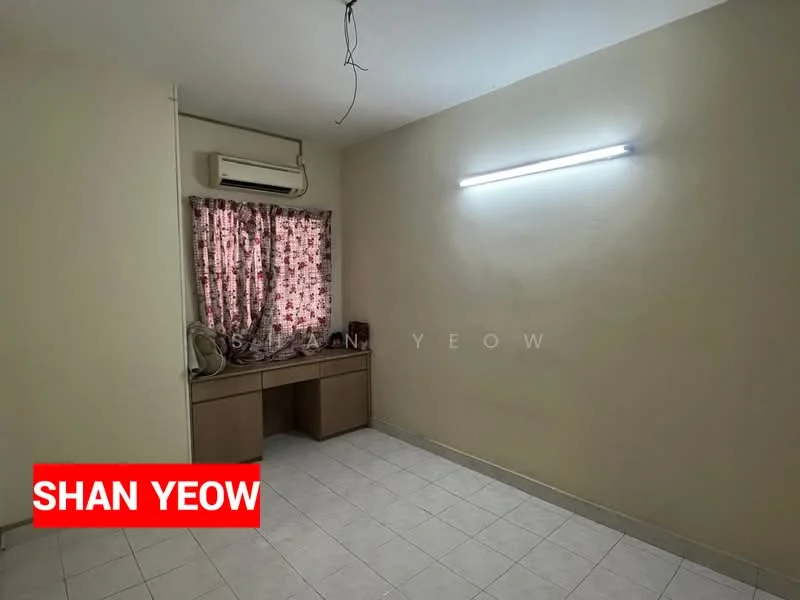 Room features: cream painted walls, white ceiling, window with floral curtains, wall-mounted split AC, LED strip lighting, tiled flooring, built-in desk, no visible furniture.
