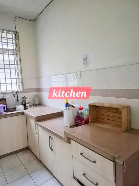 Kitchen features: laminate countertop, cream cabinetry, single-bowl stainless-steel sink, chrome pull-down faucet, tile backsplash, white walls, window with grid pattern, ceramic tile flooring, built-in storage cabinet, kitchen utensils on countertop, cleaning supplies on countertop; style: modern.