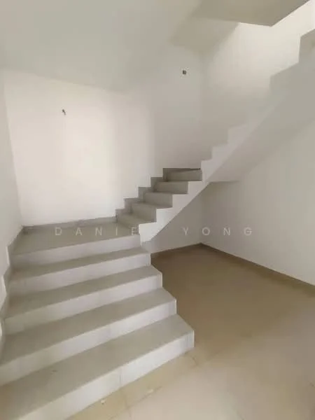 Room features: staircase with concrete steps, white painted walls, neutral tile flooring, natural light from upper level, open space design; style: modern.