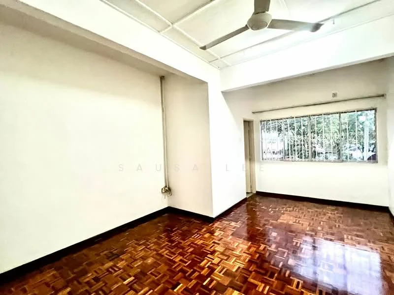 Room features: white painted walls, parquet wood flooring, ceiling fan, large window with metal grille, natural light from window; view: garden.