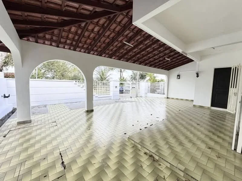 Exterior features: arched openings, tiled flooring in yellow, exposed wooden roof beams, white painted walls, fenced perimeter, outdoor space, manicured landscaping visible, light fixtures on walls; style: modern.