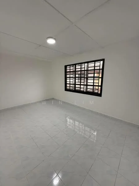 Room features: white painted walls, glossy white tile flooring, black framed windows, ceiling light fixture, no visible furniture, empty space; style: minimalist.
