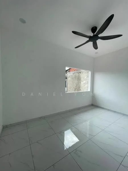Room features: white painted walls, marble tile flooring, 5-blade ceiling fan, window with no visible treatment, natural light from window, smooth ceiling, corner of the room with no visible furniture, clean and minimalistic design; style: modern.