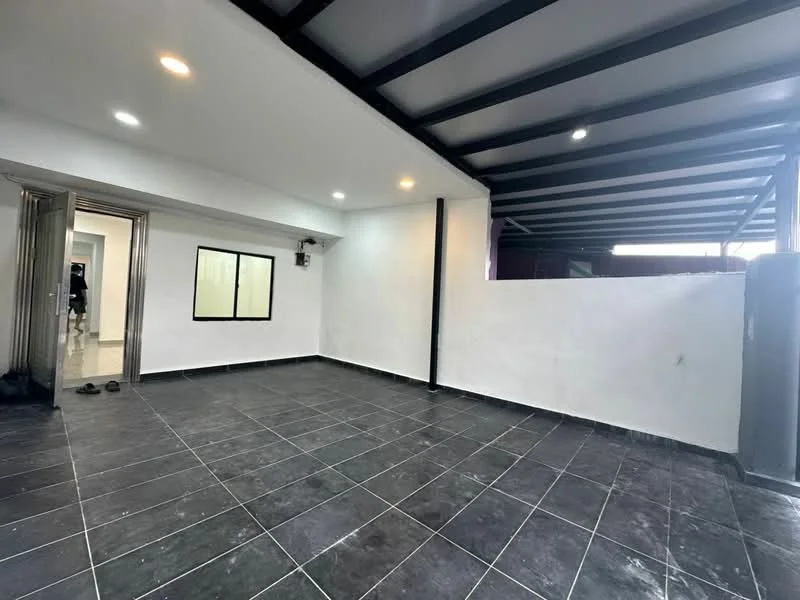 Room features: black tiled flooring, white painted walls, exposed metal beams on ceiling, recessed LED downlights, large window, open layout, sliding door, outdoor area visible; style: modern.