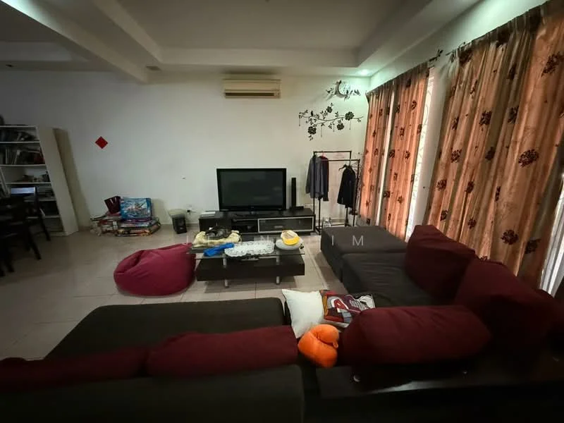 Living features: L-shape sectional sofa in dark grey, red accent cushions, coffee table with storage, wall-mounted TV, TV console, bean bag chair, decorative wall light, curtains with floral pattern, air conditioning unit, open shelving unit, dining table visible in background, floor tiles, white painted walls; style: contemporary.