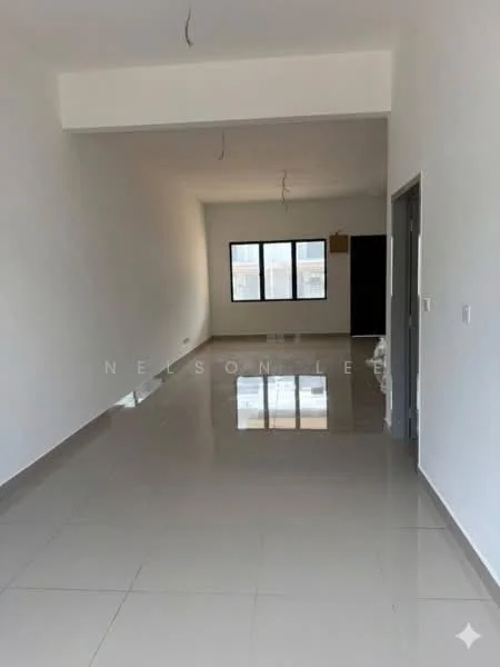 Room features: white painted walls, glossy ceramic tile flooring, large windows, neutral ceiling, no visible lighting fixtures, open layout, minimalist design, no visible furniture; style: modern.