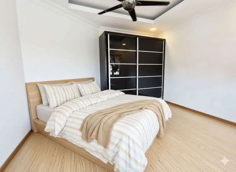 Bedroom features: king-size bed with wooden frame, striped bedding in neutral tones, black sliding wardrobe, light wood flooring, white painted walls, tray ceiling with recessed lighting, 5-blade ceiling fan, decorative throw blanket; style: modern.