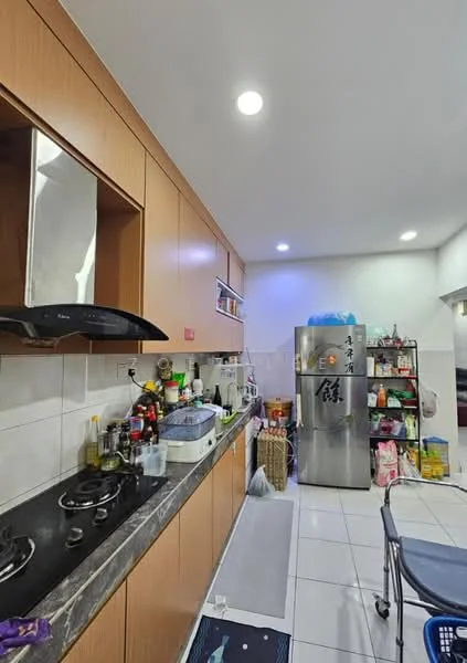 Kitchen features: brown wooden cabinetry, black granite countertop, stainless-steel range hood, 2-burner gas hob, stainless-steel fridge, white tiled backsplash, white tiled flooring, recessed LED downlights, open shelving, various kitchen appliances, sink, wall-mounted storage, kitchen utensils, bottled condiments; style: modern.