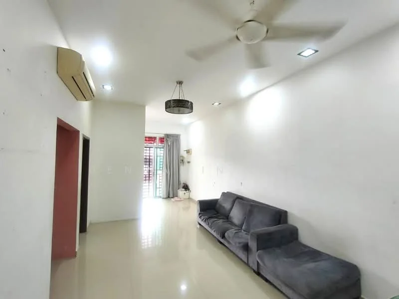 Living features: grey fabric sofa, 5-blade ceiling fan with light, white painted walls, glossy tile flooring, recessed LED downlights, sliding glass door, curtains, decorative pendant light; style: modern.
