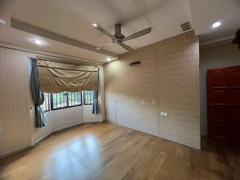 Room features: wooden flooring, cream painted walls, accent wall with patterned wallpaper, floor-to-ceiling windows, sheer curtains, 5-blade ceiling fan with light, recessed downlights, built-in wardrobe, window with grid pattern, decorative wall panel; style: modern; view: garden.