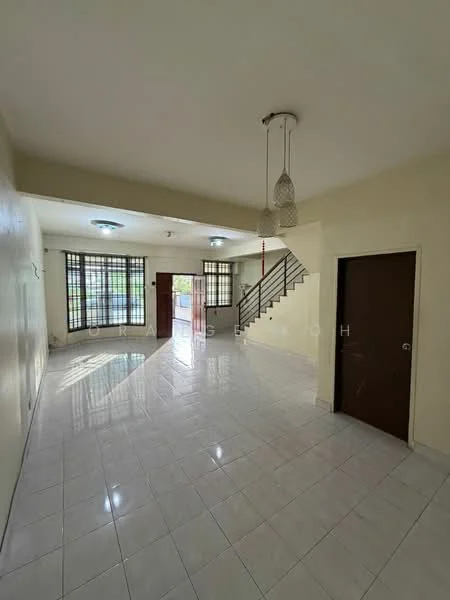 Room features: white painted walls, glossy white tile flooring, ceiling lights, staircase with metal railing, large windows with grid pattern, door with wooden finish, hanging pendant lights; style: modern.