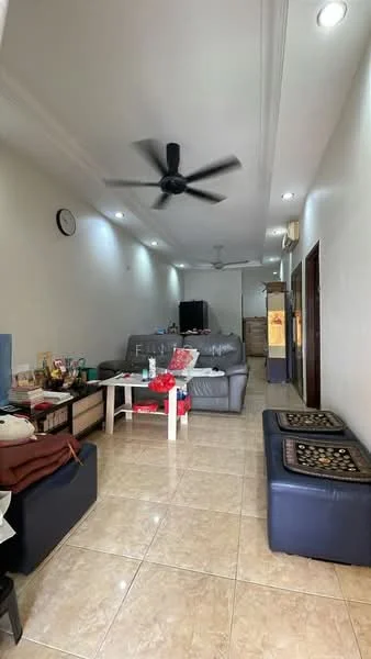 Living features: cream painted walls, glossy tile flooring, 5-blade ceiling fan with light, sofa in grey, coffee table, TV console, wall-mounted TV, decorative items on table, area rug, clock on wall, recessed lighting; style: modern.