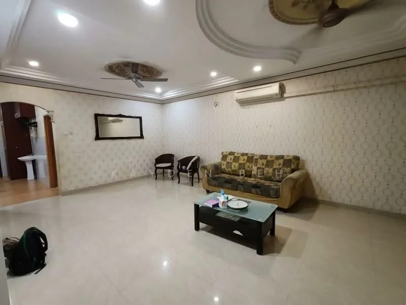 Living features: cream painted walls, white ceiling with crown moulding, marble tile flooring, 3-blade ceiling fan, sofa in beige and green pattern, glass coffee table, decorative mirror, wall-mounted air conditioning unit, two wooden chairs, area rug, wall light fixtures; style: traditional.