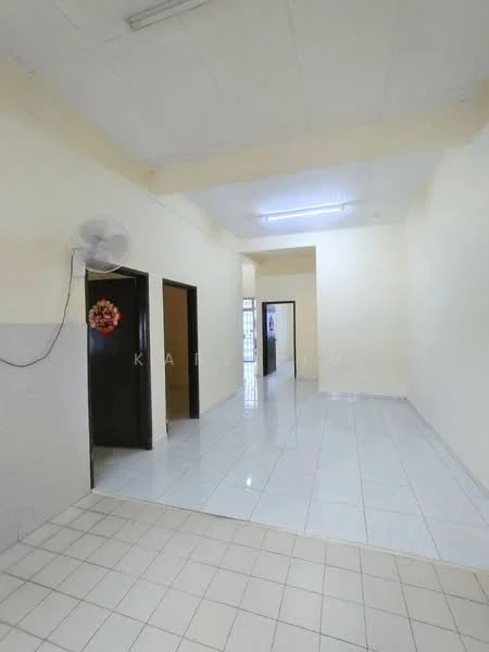 Room features: white painted walls, tile flooring, ceiling lights, wall-mounted ceiling fan, open layout, doorways leading to other rooms, neutral color scheme, high ceiling; style: modern.