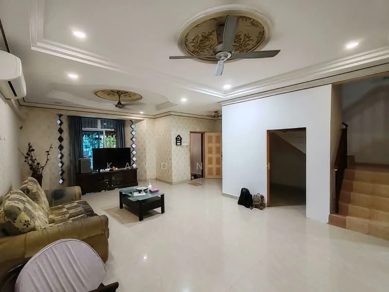 Living features: cream painted walls, marble tile flooring, tray ceiling with decorative pattern, 2 ceiling fans, sofa in beige fabric, coffee table, TV console, wall-mounted TV, area rug, large windows with sheer curtains, decorative plants, staircase leading to upper floor; style: modern.
